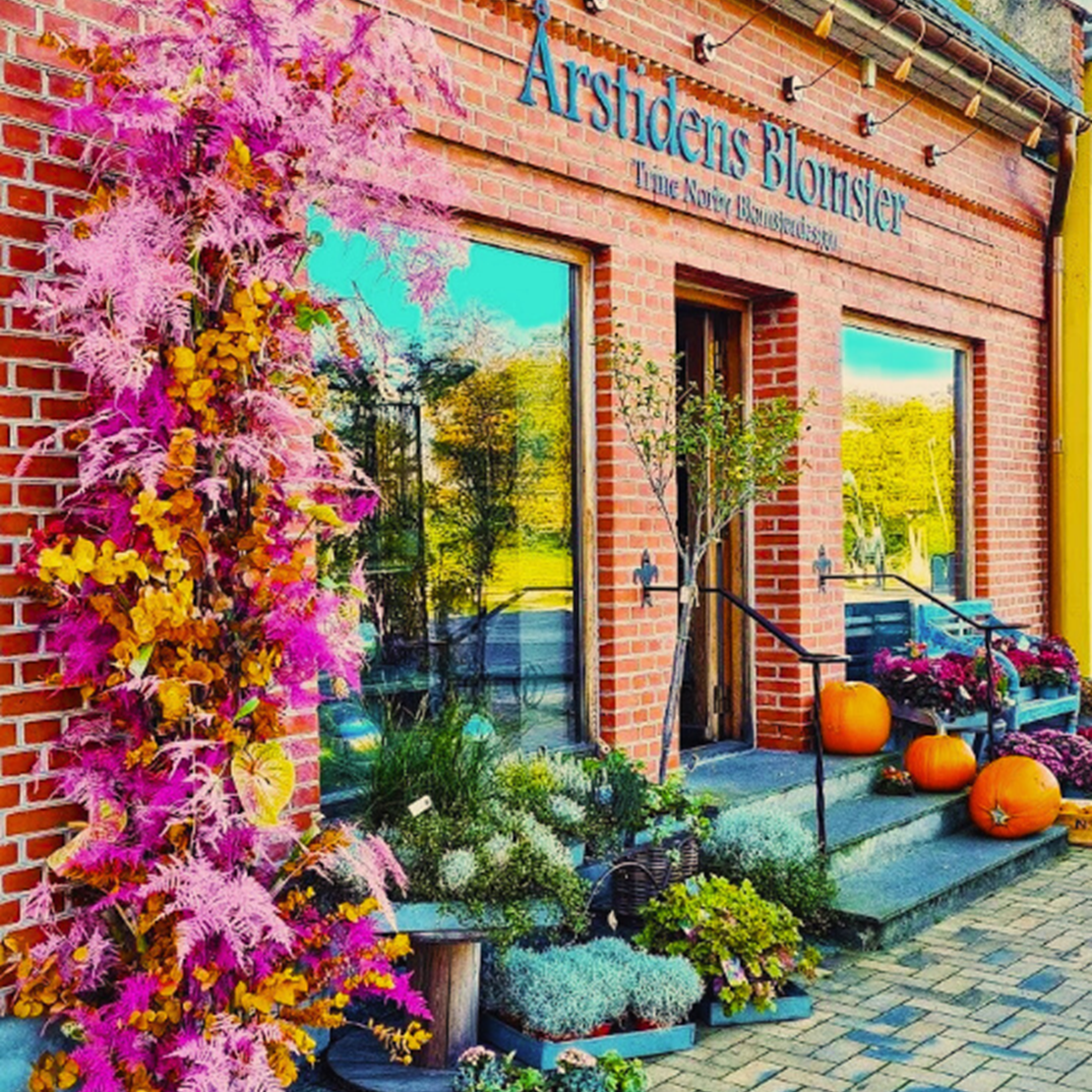 Facaden af Årstidens Blomster i Helsinge, med planter og blomster foran butikken.