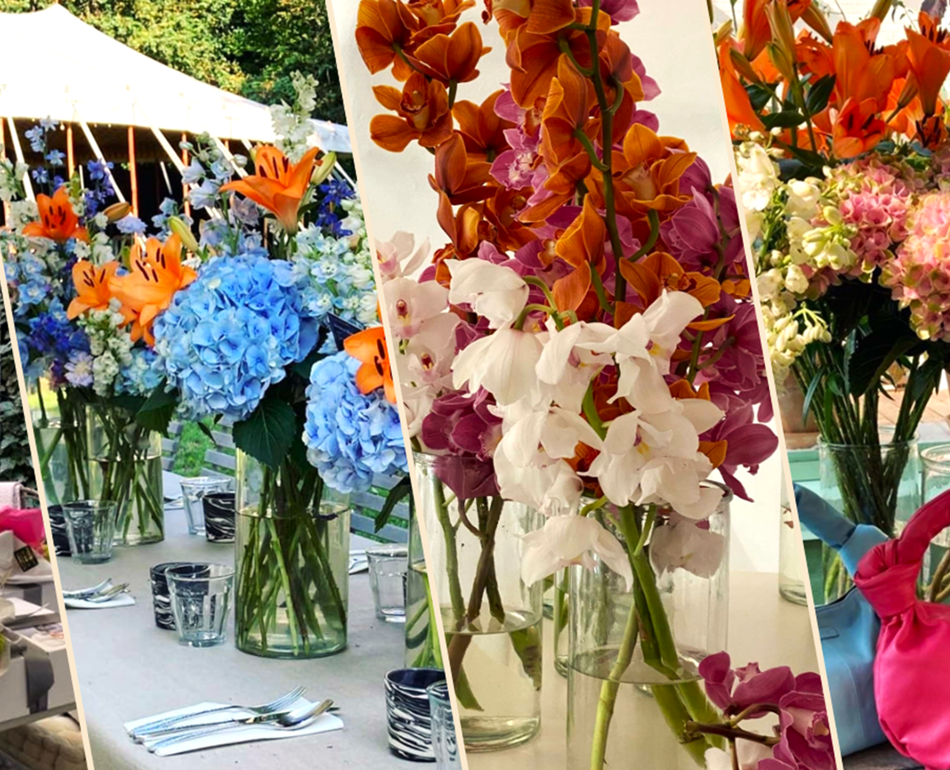 En collage af event pyntninger i forskellige nuancer og materialer.