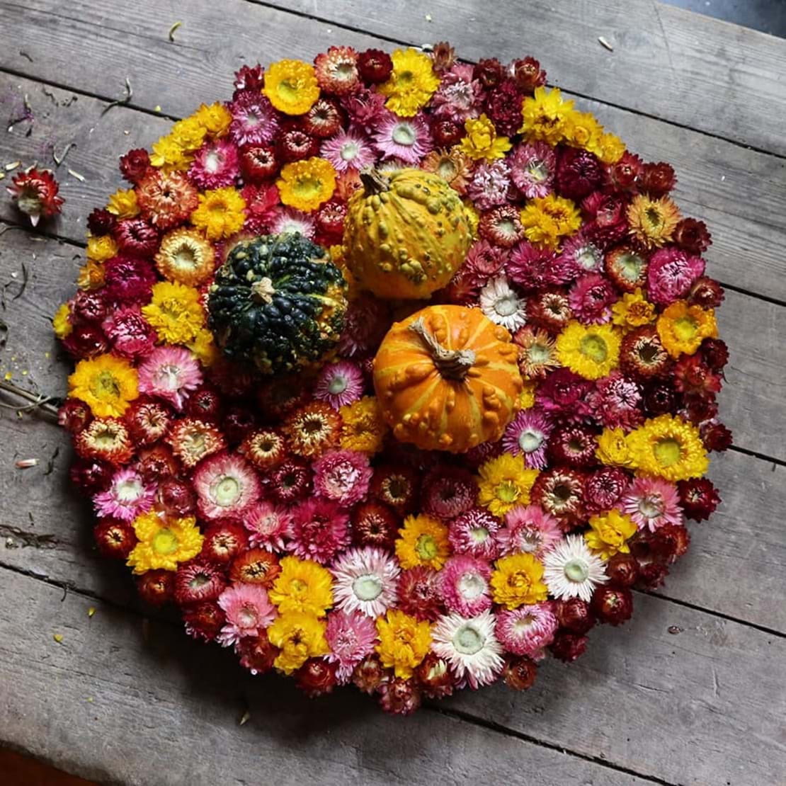 Rund form en tæt bundet blomster i gule, lilla og røde efterårsfarver. På toppen ligger tre græskar i grøn, gul og orange farve.