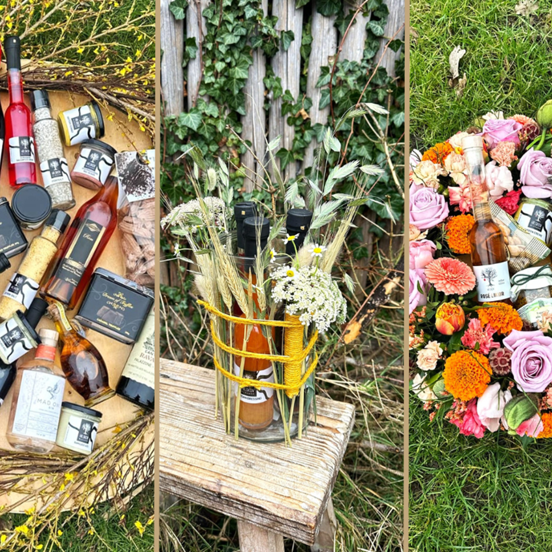 Blomster og specialiteter i håndlavede kurve, cylindervaser og kranse.