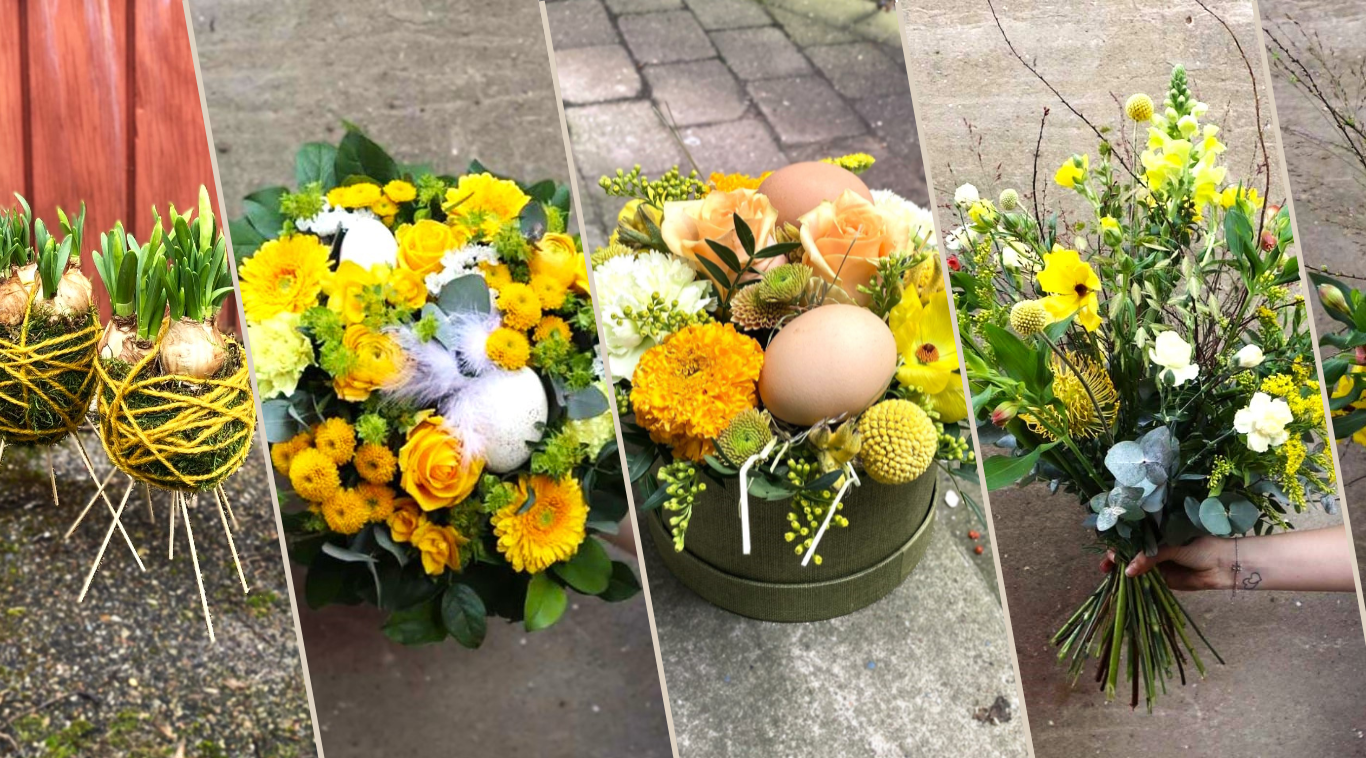 Påskens udvalg fra Årstidens Blomster. Vi har de tætte og luftige påskebuketter og smukke dekorationer i påskens farver. 