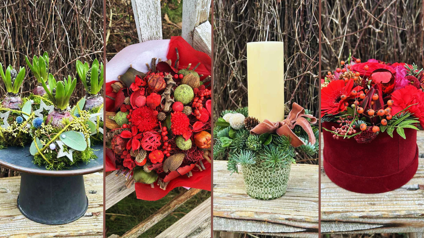 Tæt rød julebuket bundet med forskellige tørrede blomster. 