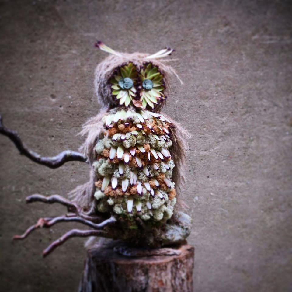 Specialdesign af en ugle bundet af mos, rensdyrlav, grene og husløg.