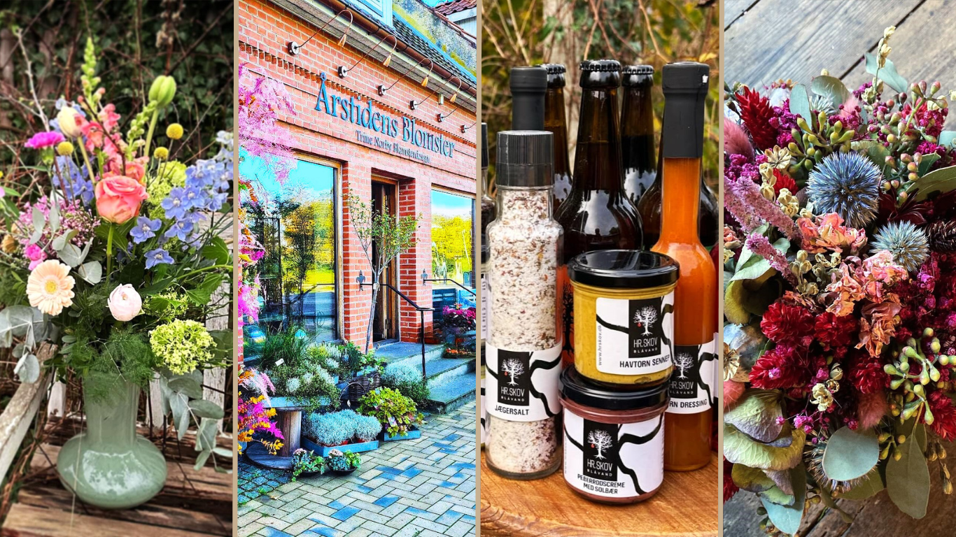 Farverig buket i Dutchvase, facaden af Årstidens Blomster, Hr. Skov produkter og en hatteæske i røde og pastel nuancer. 