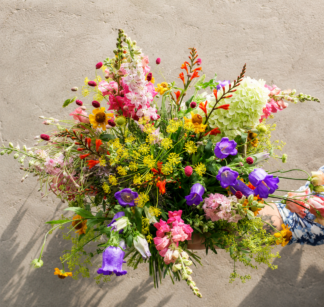 Sommerfrisk, en sommerbuket bundet i et sprudende og vildt udtryk med farverige blomster.