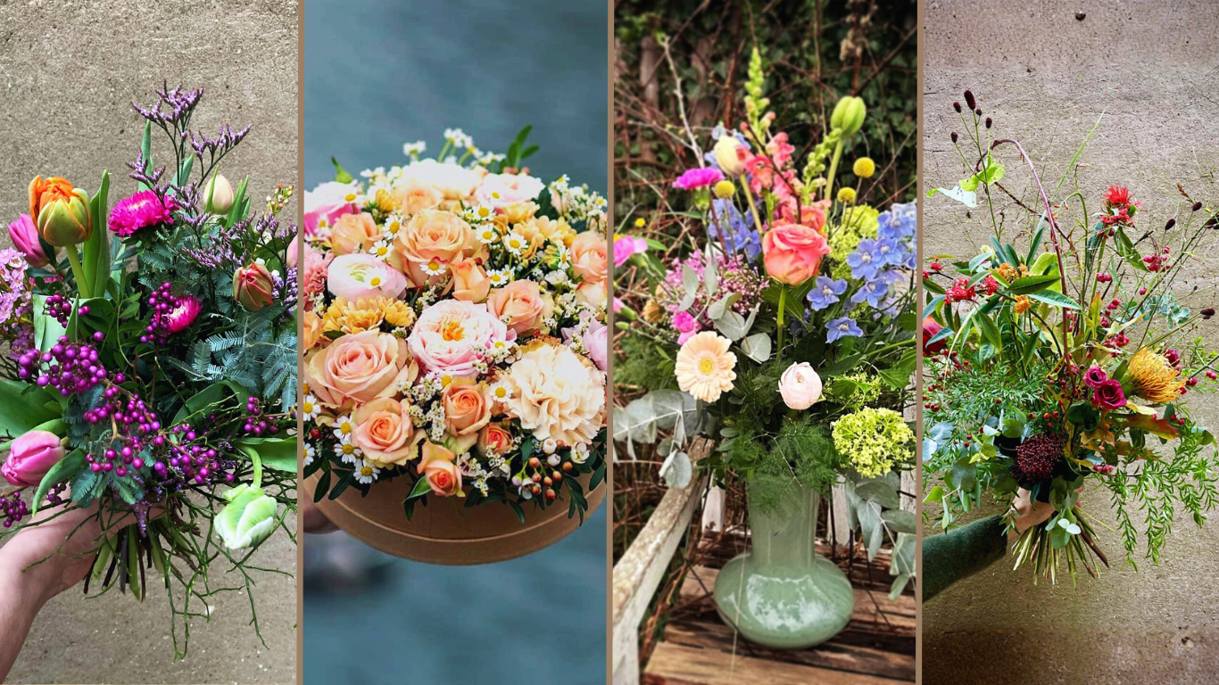 Collage af billeder med vinter dekorationer og buketter. 