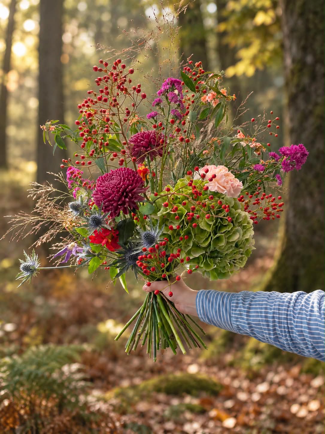 Efterårsdrøm buket med farverige blomster bundet i et luftigt og naturligt udtryk fra Årstidens Blomster.