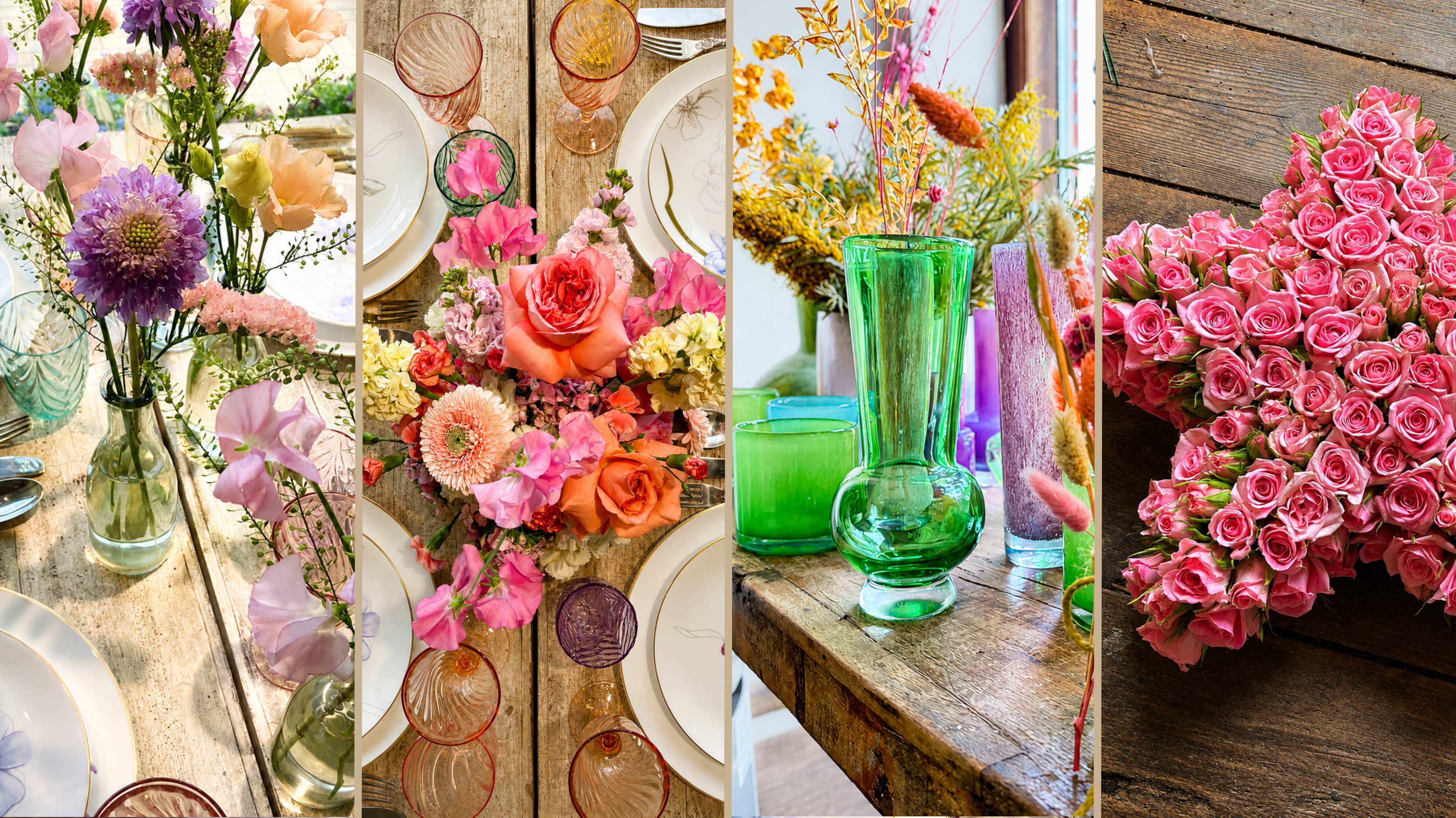 Forside billede med sommerlige blomster og farverige vaser i pink, grønne, lilla og lyserøde nuancer. 