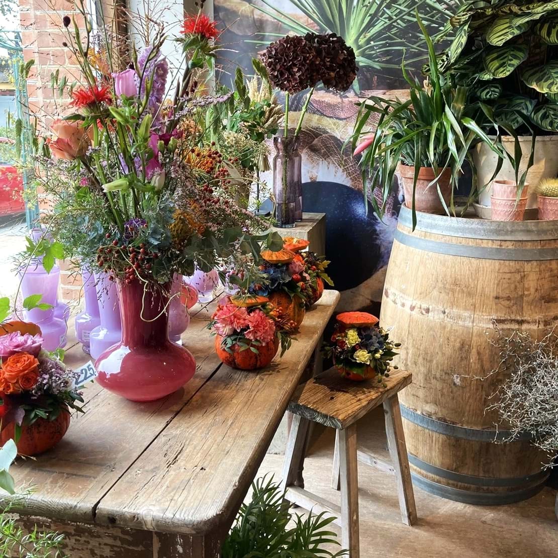 Studio fyldt med farverigt blomsterkunst i skarp lilla, rød, orange og neon.