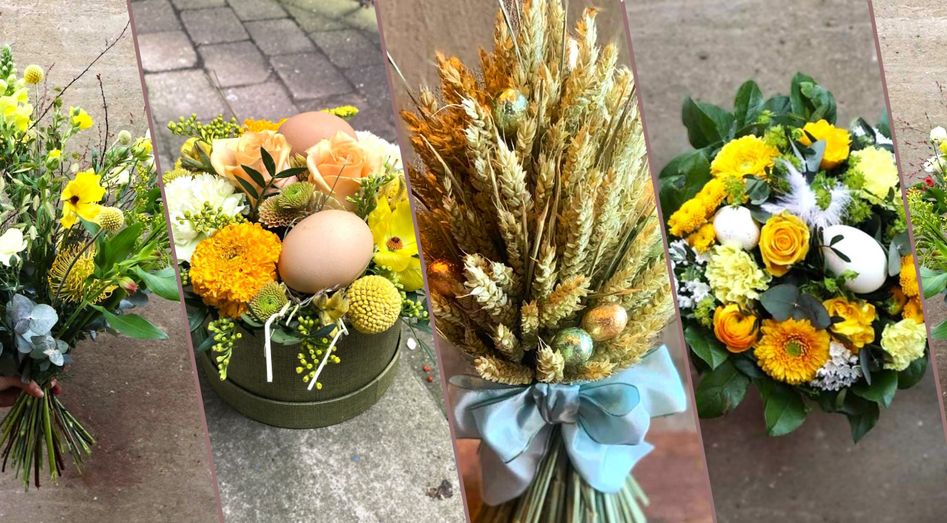 Fejr påsken med Årstidens Blomster. Vi byder på friske påskebuketter, påskeæg og påskens hatteæsker.